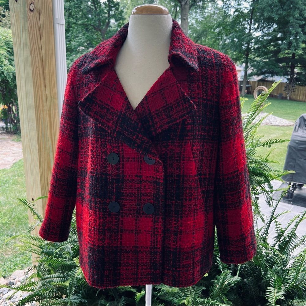 Talbots Women’s Jacket Red & Black Muted Plaid Double Breasted size 16